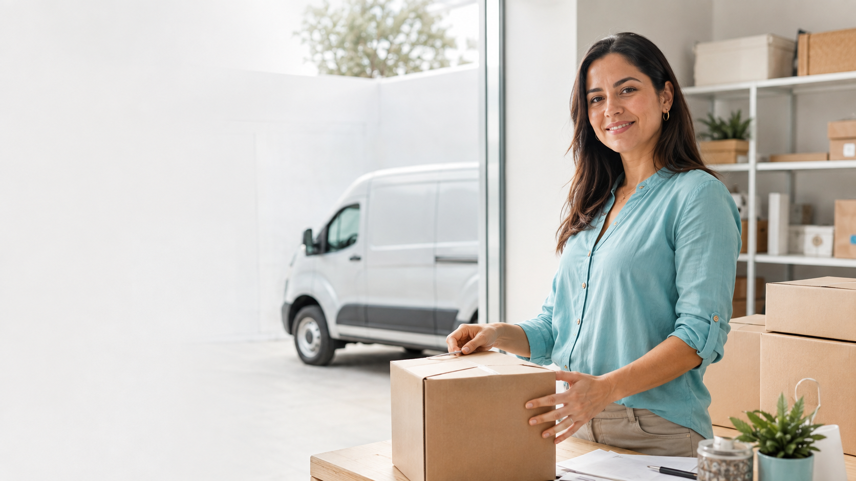 Emprendedora preparando pedidos junto a cajas y un vehículo de reparto